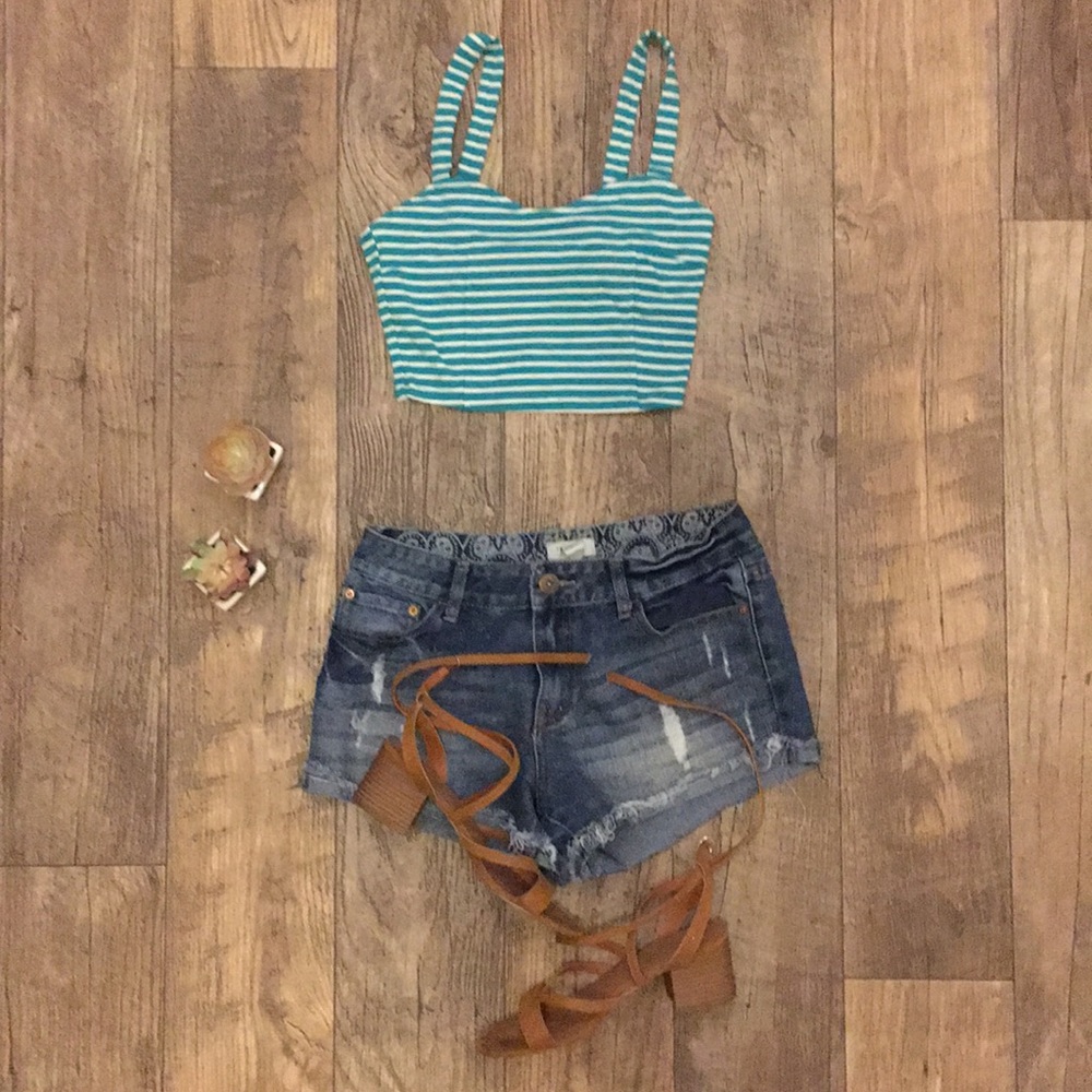 Forever 21 teal green and white striped crop top